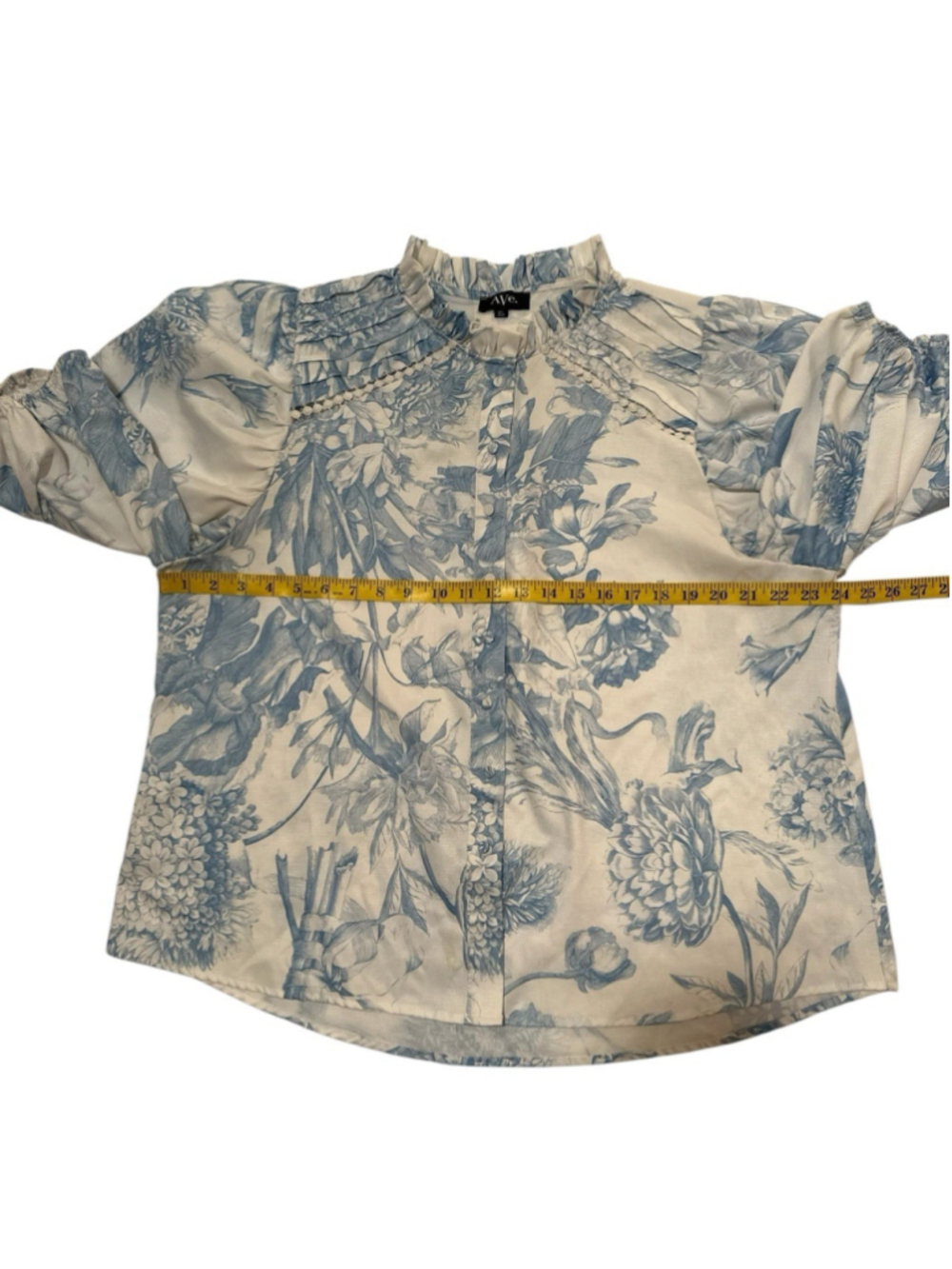 AVE Linen Floral Blouse Womens XL Ruffle Collar Covered Buttons Balloon Sleeves - Picture 13 of 17
